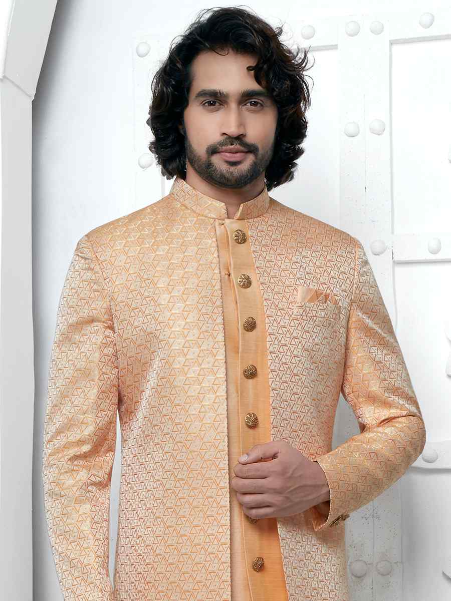 Orange Jacquard Silk Embroidered Groom Wedding Sherwani