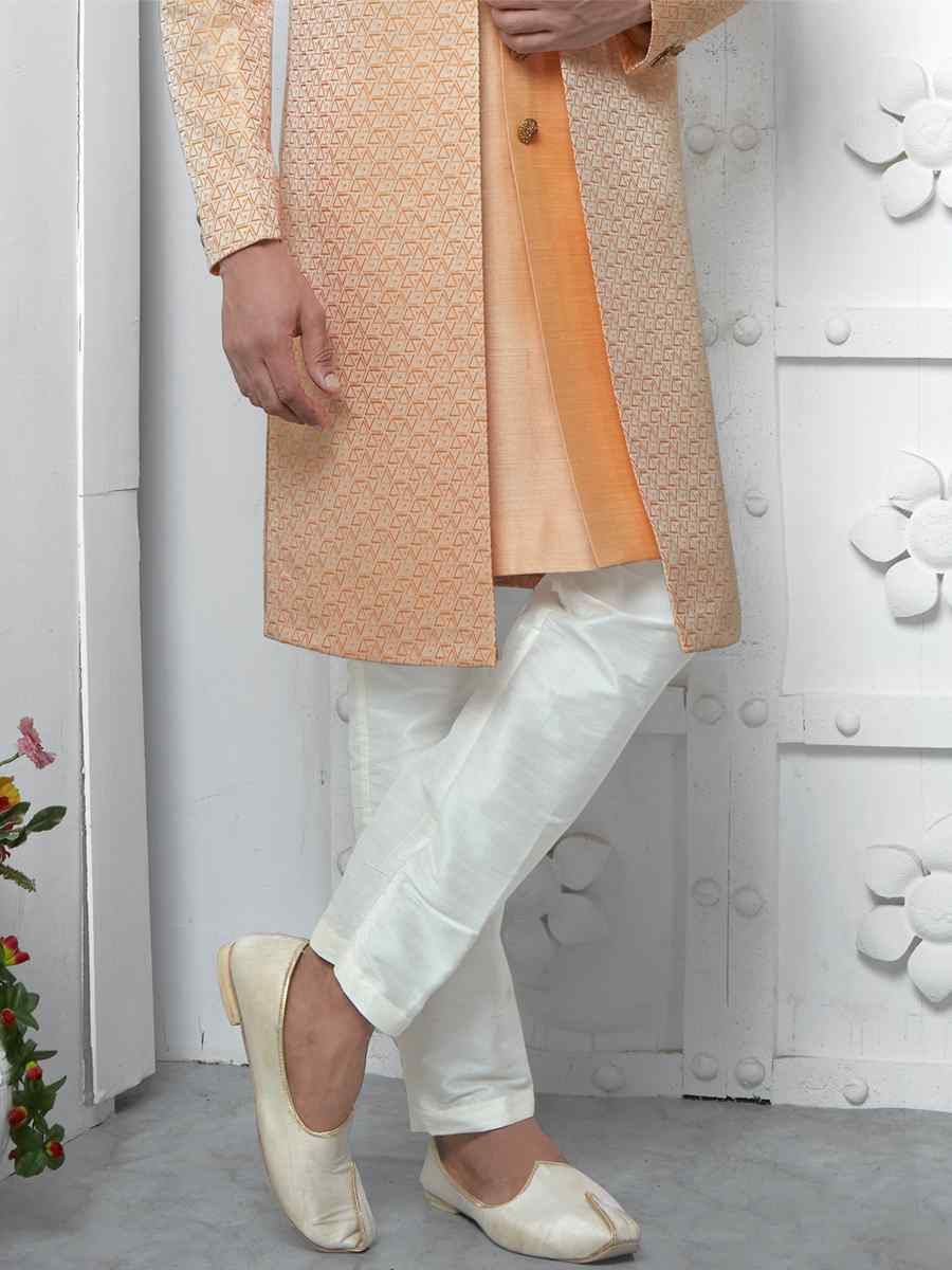 Orange Jacquard Silk Embroidered Groom Wedding Sherwani