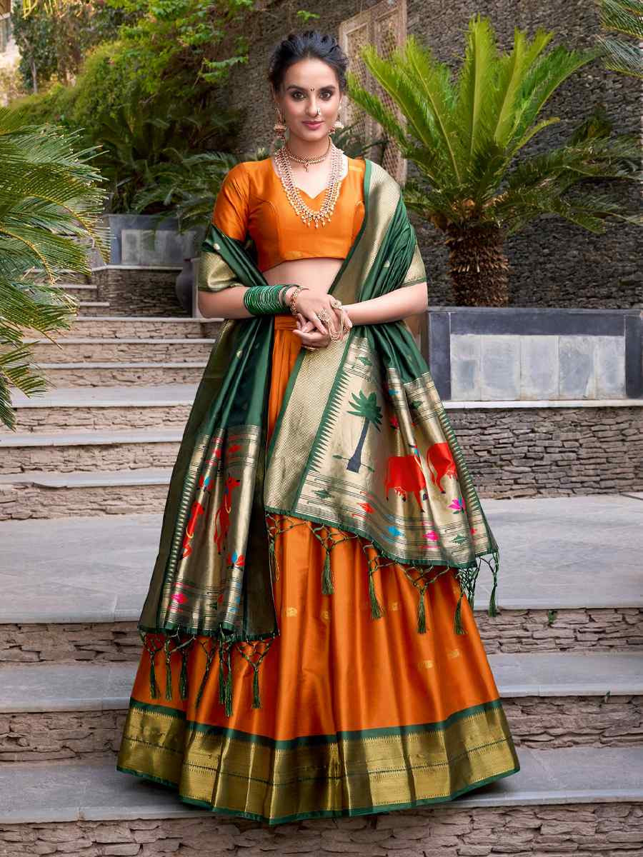 Orange Jacquard Silk Handwoven Bridesmaid Wedding Heavy Border Lehenga Choli