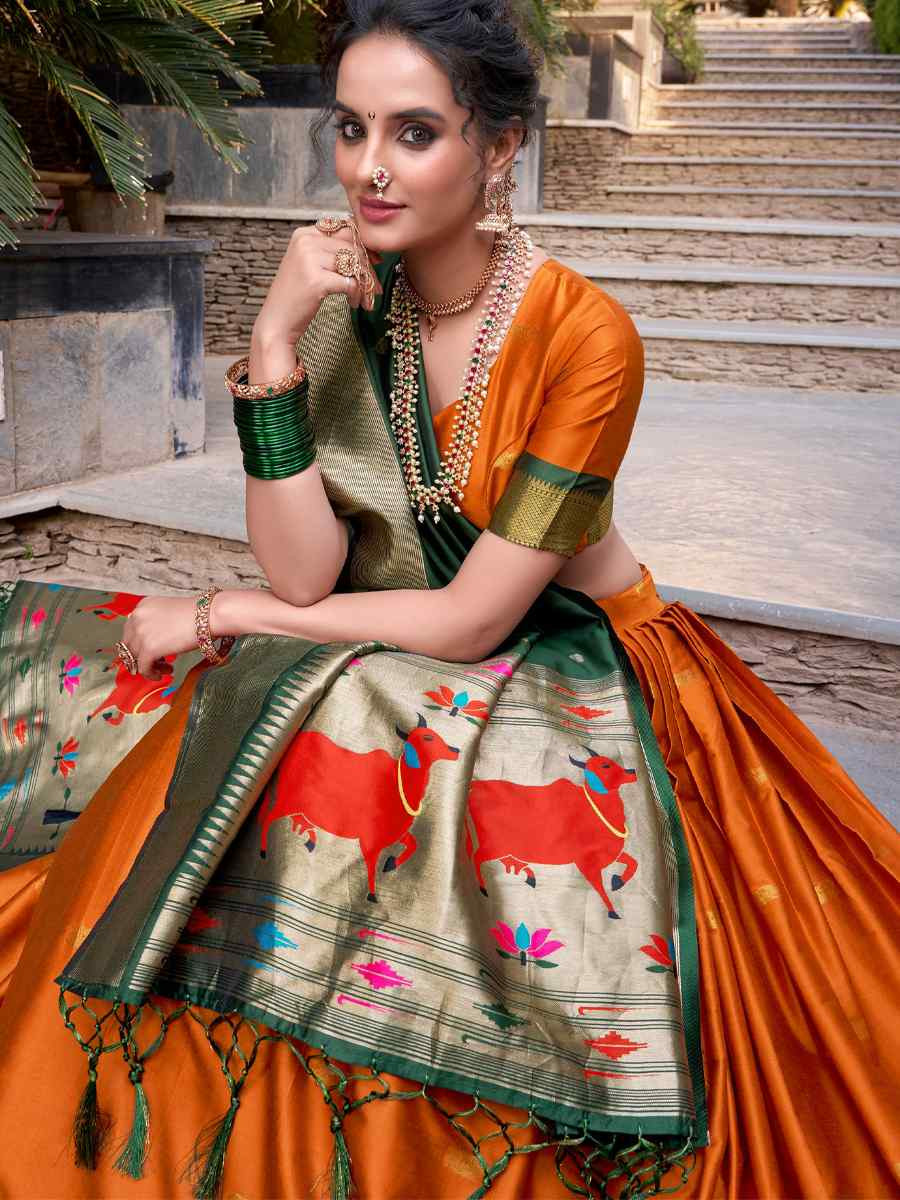 Orange Jacquard Silk Handwoven Bridesmaid Wedding Heavy Border Lehenga Choli