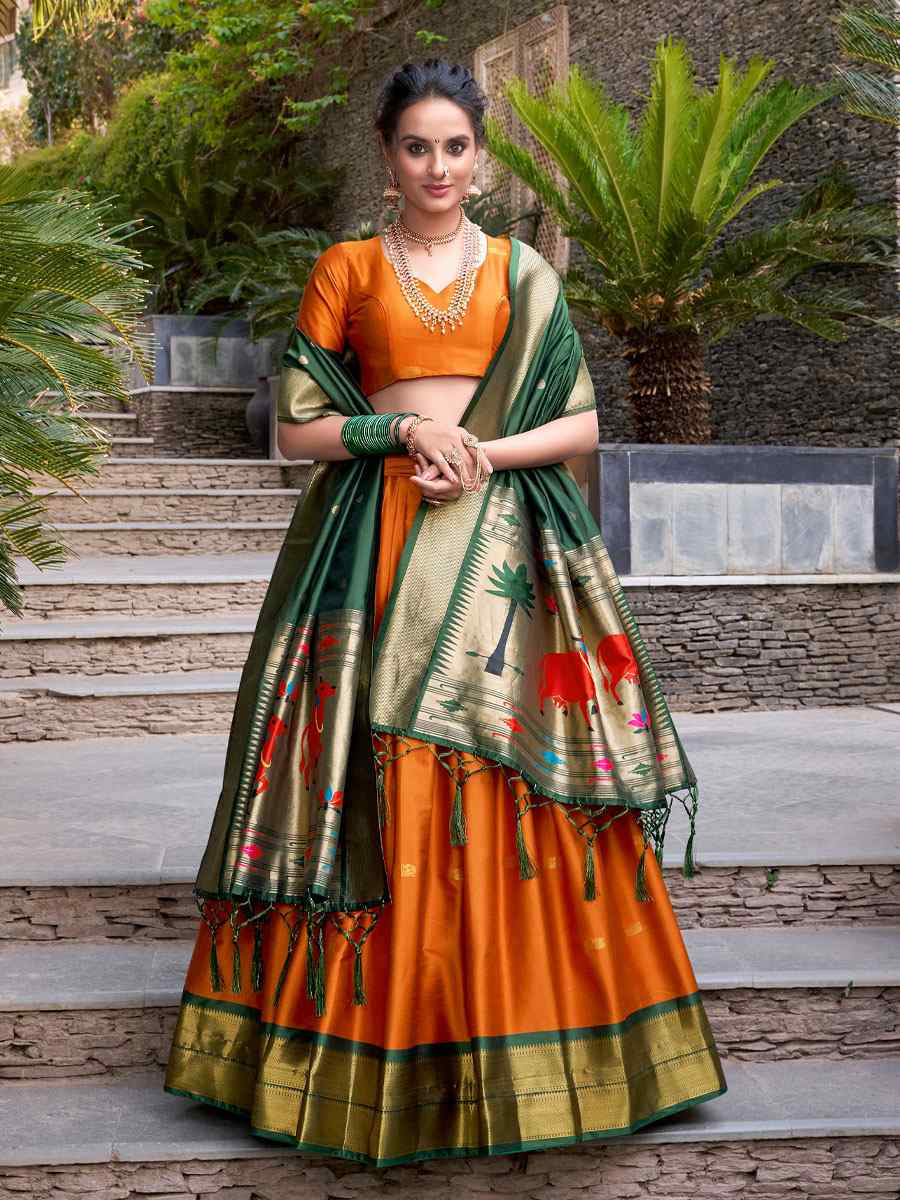 Orange Jacquard Silk Printed And Handwoven Party Reception Wedding Lehenga Choli
