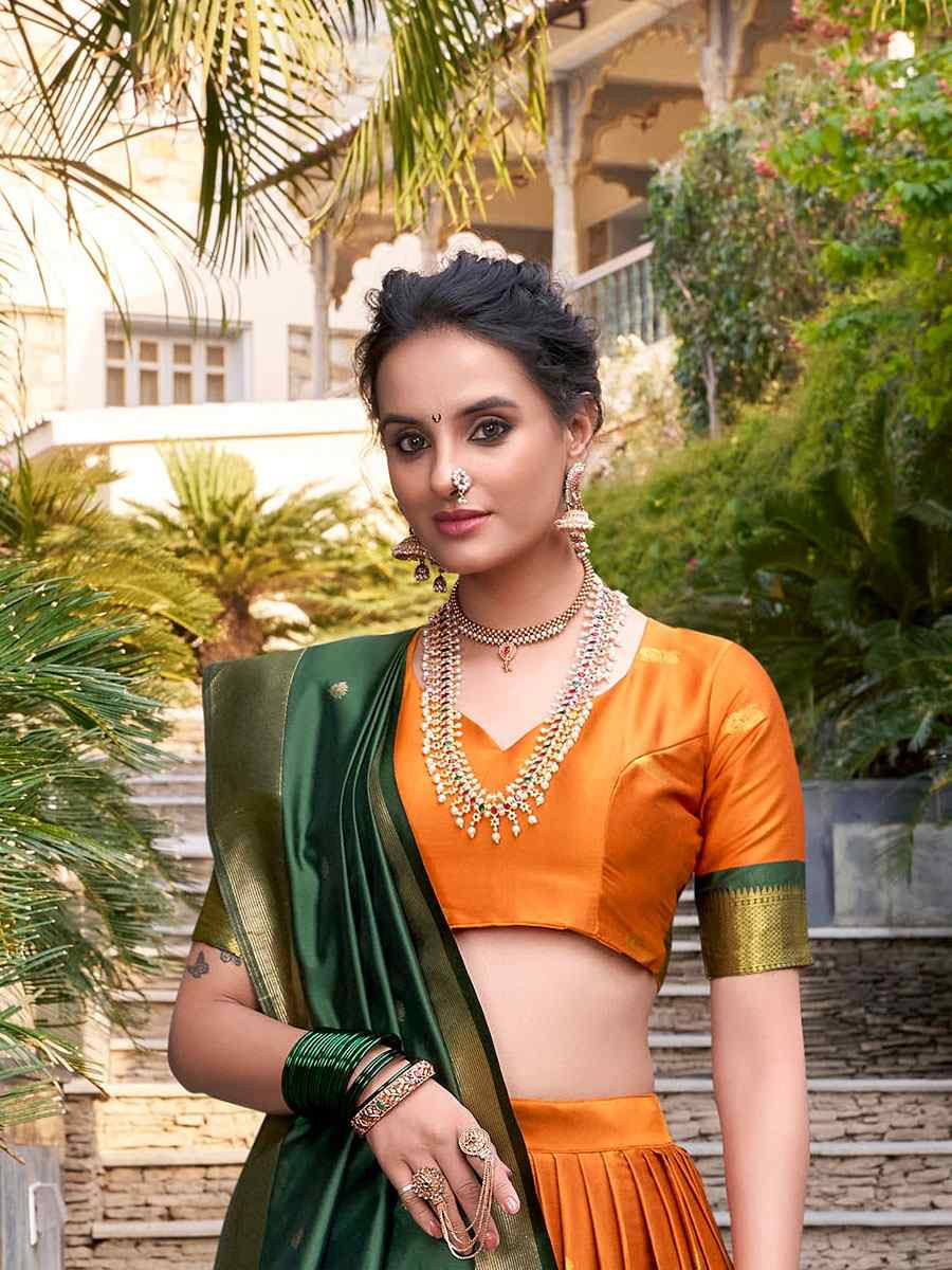 Orange Jacquard Silk Printed And Handwoven Party Reception Wedding Lehenga Choli