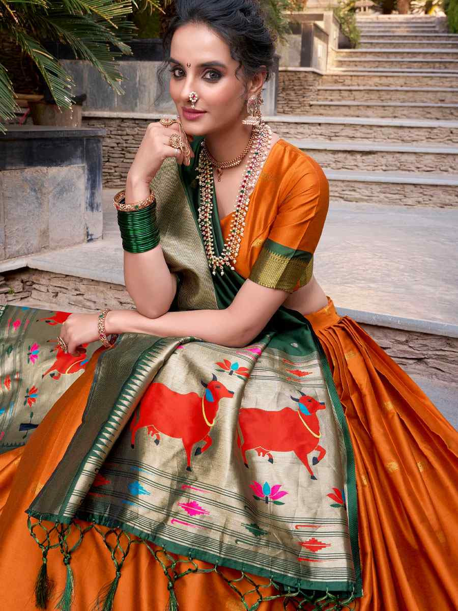 Orange Jacquard Silk Printed And Handwoven Party Reception Wedding Lehenga Choli