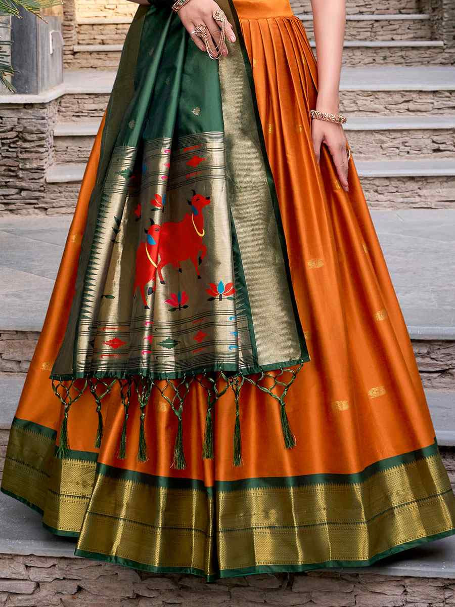 Orange Jacquard Silk Printed And Handwoven Party Reception Wedding Lehenga Choli