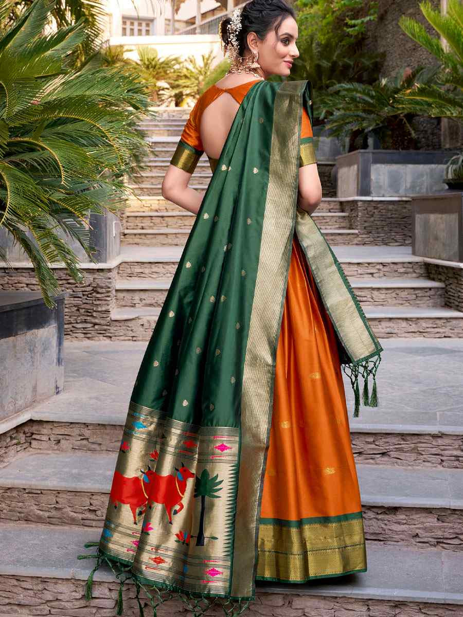 Orange Jacquard Silk Printed And Handwoven Party Reception Wedding Lehenga Choli