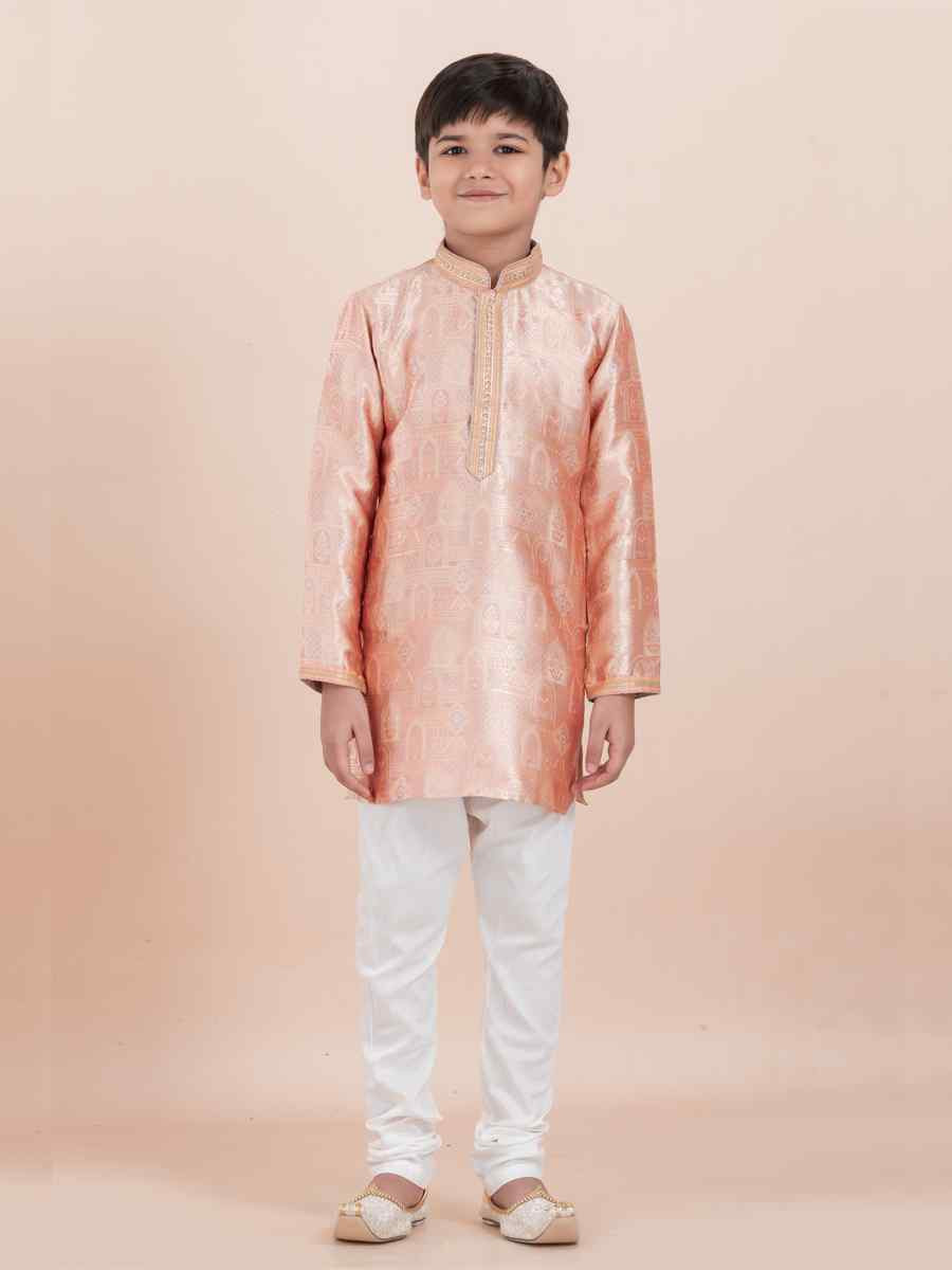 Orange Jacquard Slik Embroidered Festival Traditional Kurta Pyjama Boys Wear