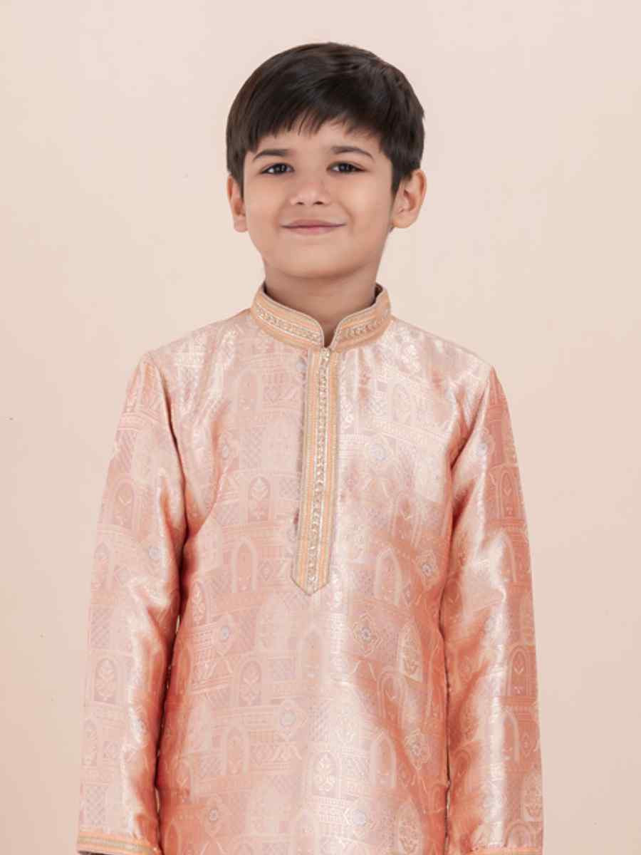 Orange Jacquard Slik Embroidered Festival Traditional Kurta Pyjama Boys Wear
