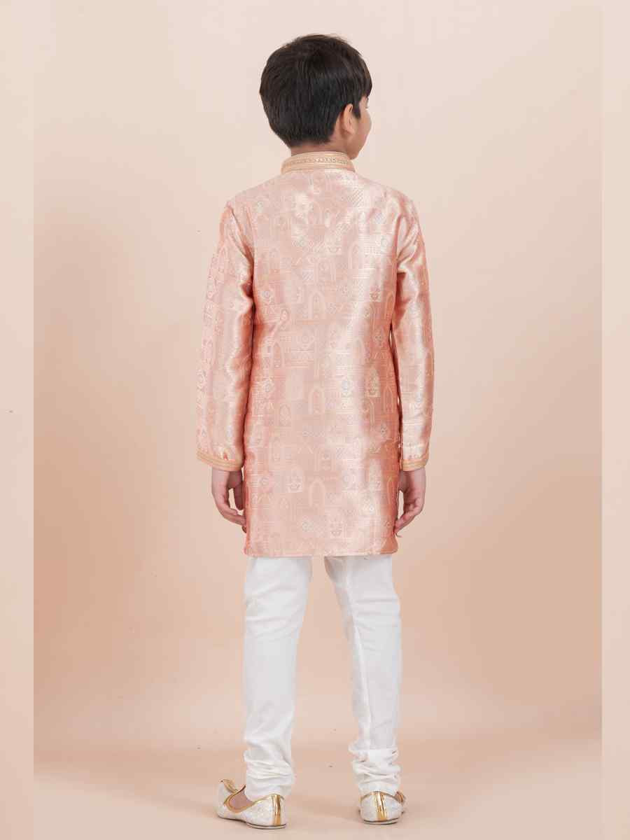 Orange Jacquard Slik Embroidered Festival Traditional Kurta Pyjama Boys Wear