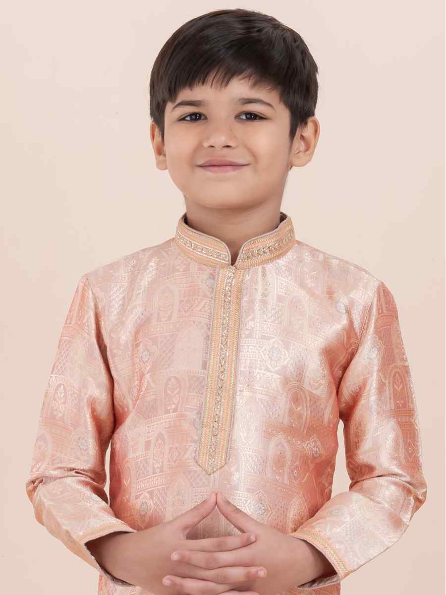 Orange Jacquard Slik Embroidered Festival Traditional Kurta Pyjama Boys Wear