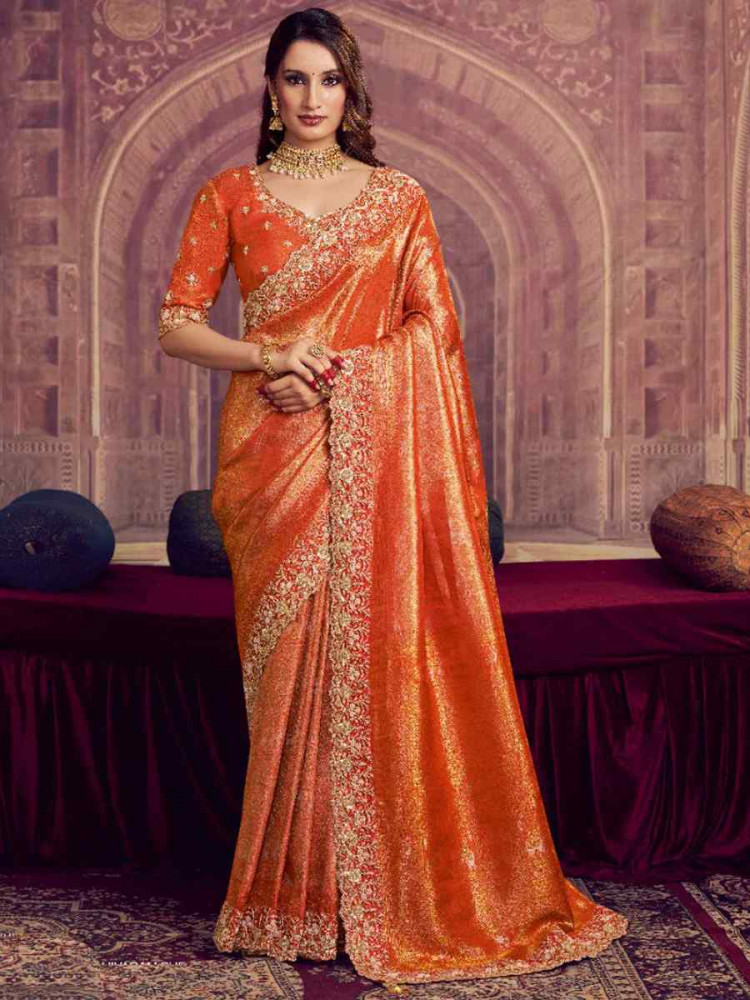 Image of Orange Kanjivaram Pure Zari Silk Embroidery Bridal Reception Festival Wedding Fancy Heavy Border Saree