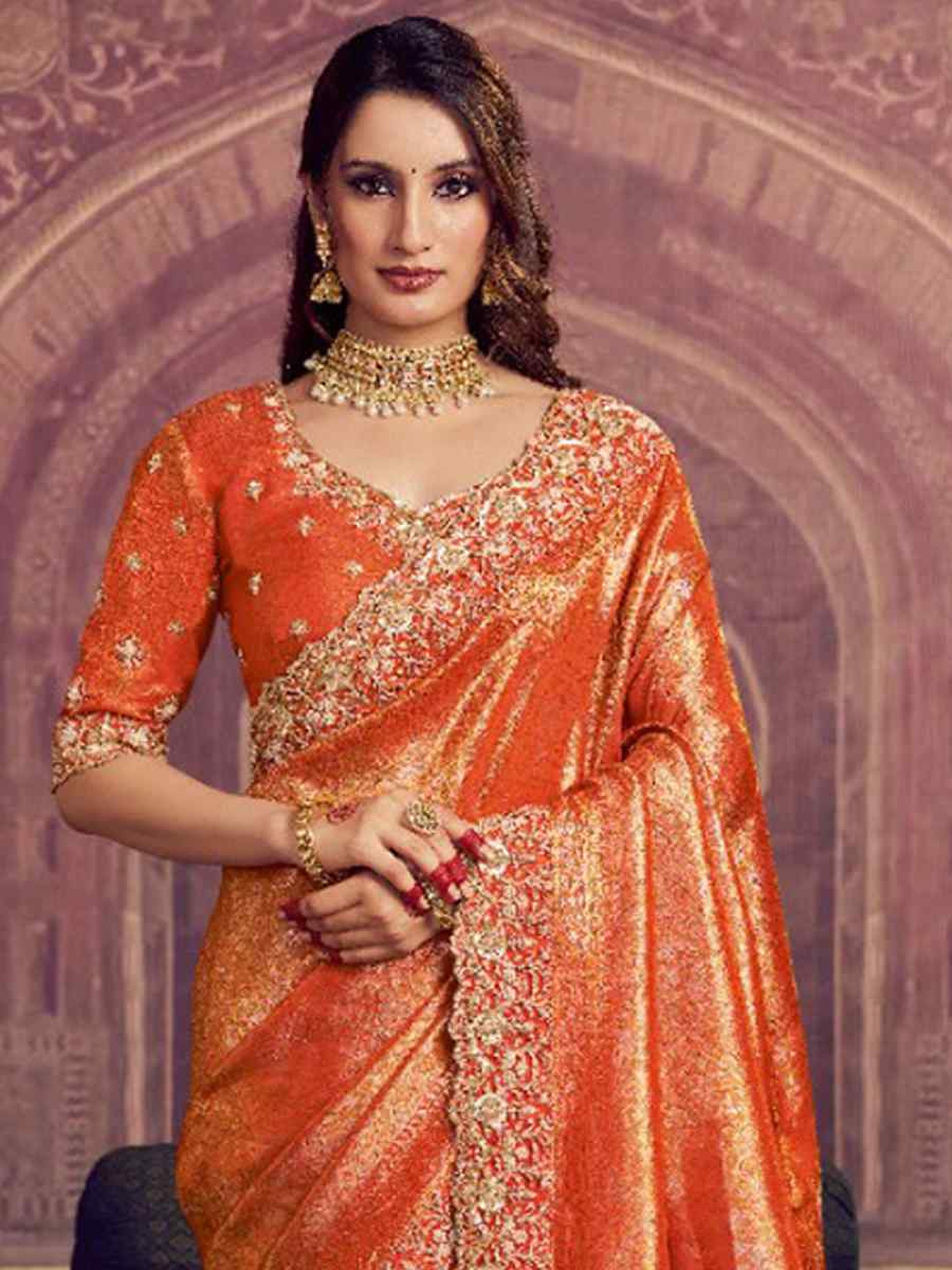 Orange Kanjivaram Pure Zari Silk Embroidery Bridal Reception Festival Wedding Fancy Heavy Border Saree