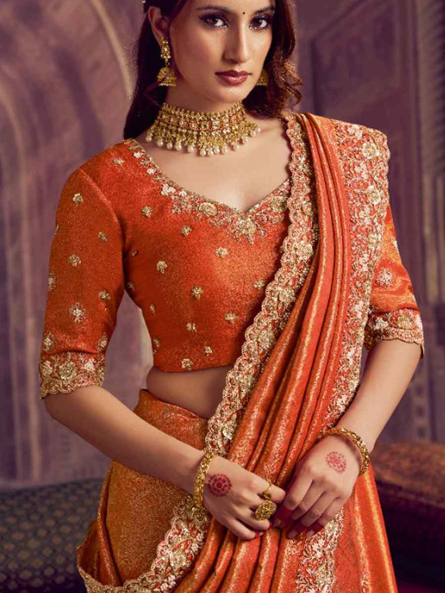 Orange Kanjivaram Pure Zari Silk Embroidery Bridal Reception Festival Wedding Fancy Heavy Border Saree