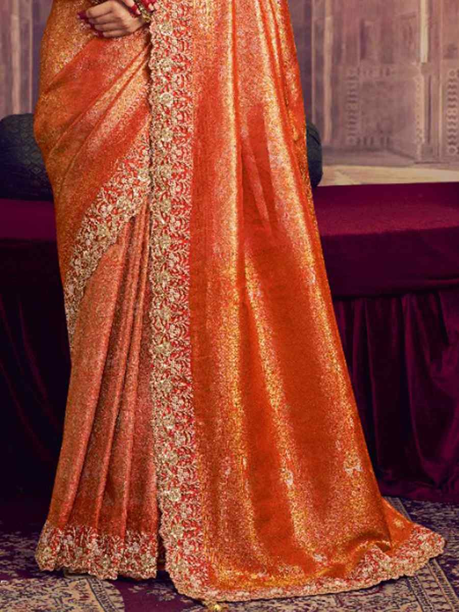 Orange Kanjivaram Pure Zari Silk Embroidery Bridal Reception Festival Wedding Fancy Heavy Border Saree