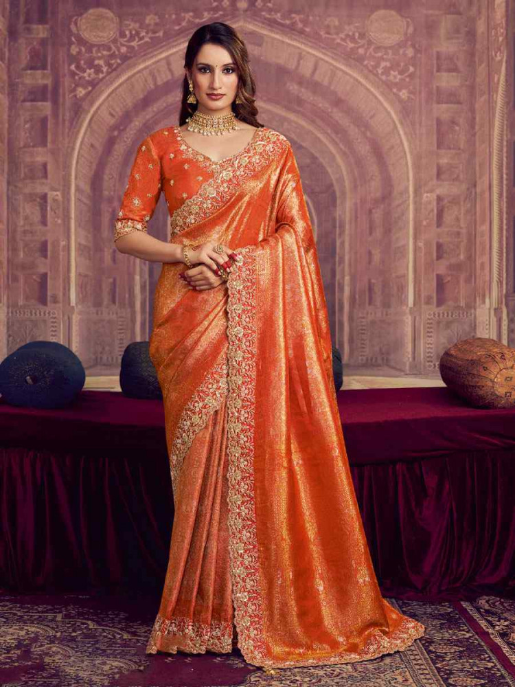 Image of Orange Kanjivaram Pure Zari Silk Embroidery Festival Wedding Fancy Classic Heavy Border Saree