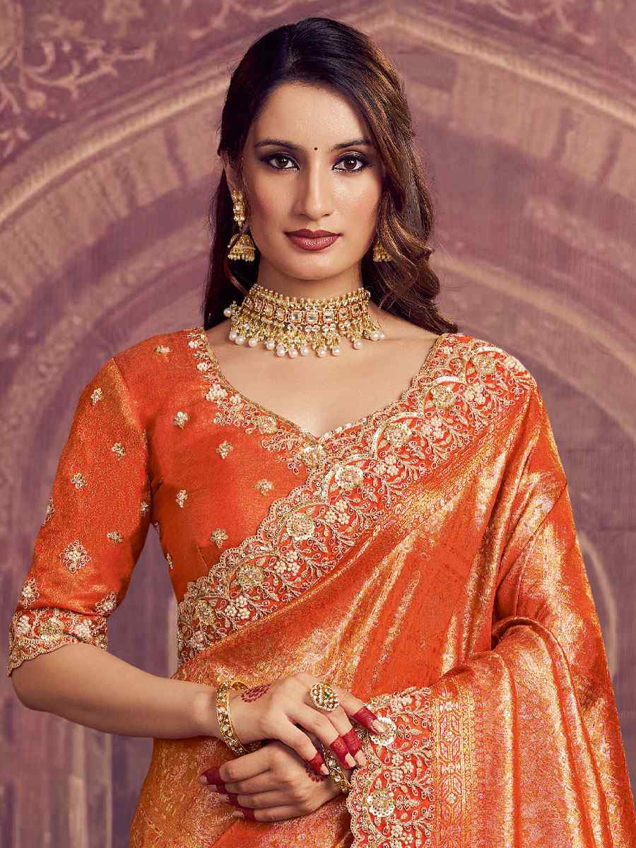 Orange Kanjivaram Pure Zari Silk Embroidery Festival Wedding Fancy Classic Heavy Border Saree