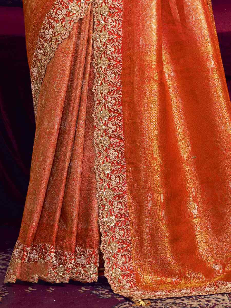 Orange Kanjivaram Pure Zari Silk Embroidery Festival Wedding Fancy Classic Heavy Border Saree