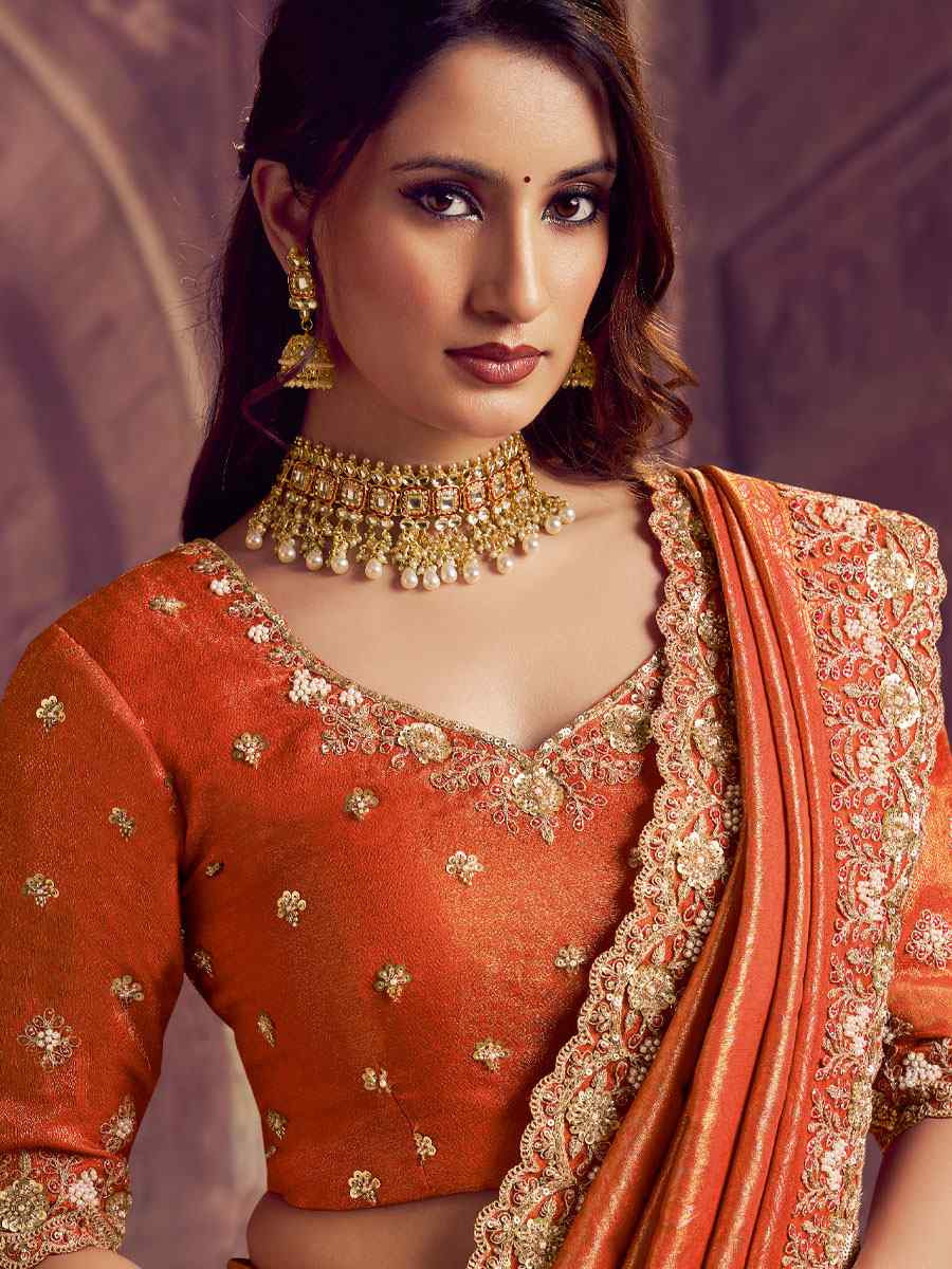 Orange Kanjivaram Pure Zari Silk Embroidery Festival Wedding Fancy Classic Heavy Border Saree