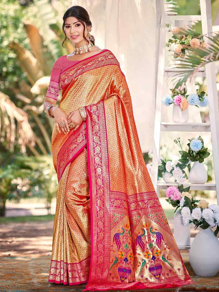 Orange Kanjivaram Silk Handwoven Traditional Bridal Reception Festival Wedding Fancy Heavy Border Saree