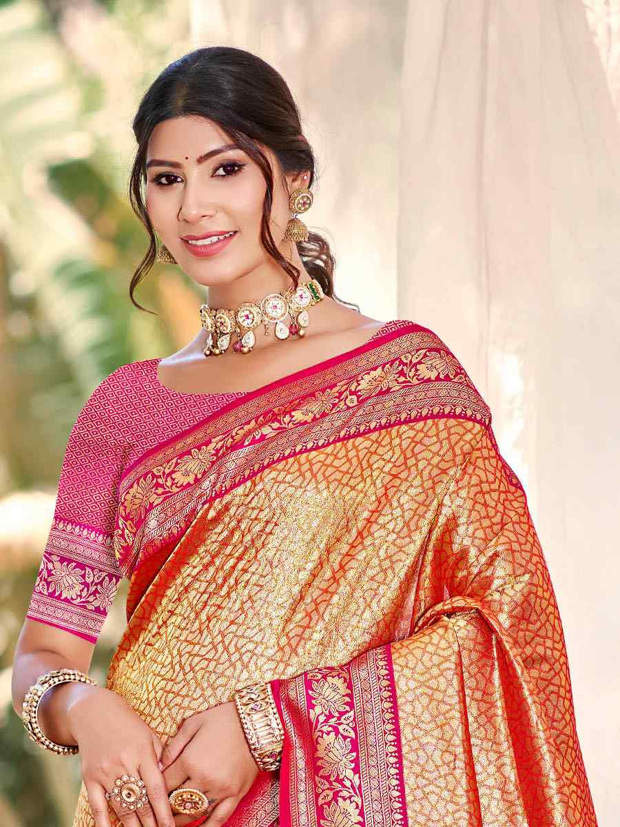 Orange Kanjivaram Silk Handwoven Traditional Bridal Reception Festival Wedding Fancy Heavy Border Saree
