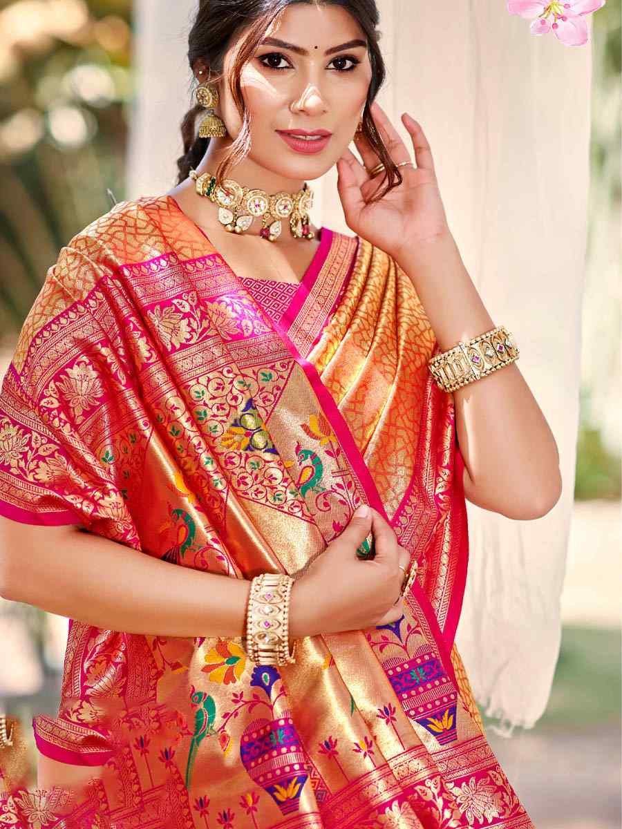 Orange Kanjivaram Silk Handwoven Traditional Bridal Reception Festival Wedding Fancy Heavy Border Saree