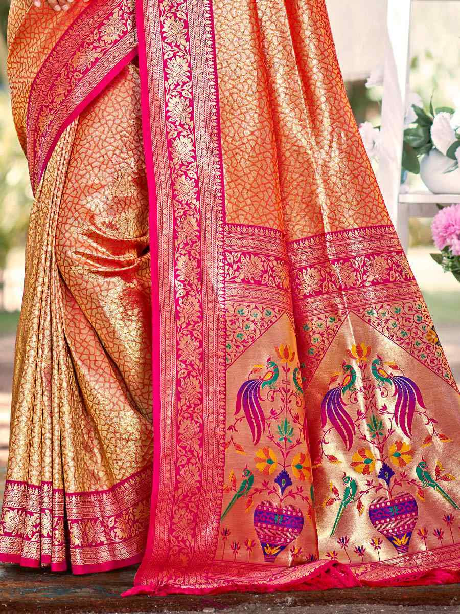 Orange Kanjivaram Silk Handwoven Traditional Bridal Reception Festival Wedding Fancy Heavy Border Saree
