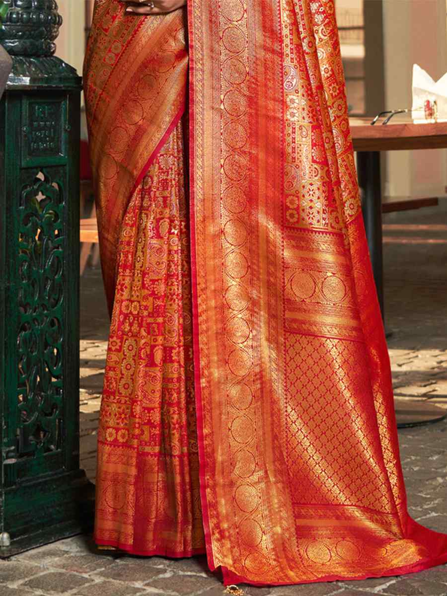 Orange Kanjivaram Silk Handwoven Wedding Festival Heavy Border Saree