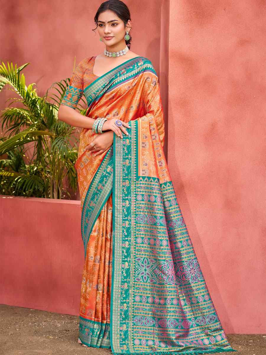 Orange Kanjivaram Silk Printed Handwoven Festival Wedding Fancy Heavy Border Saree