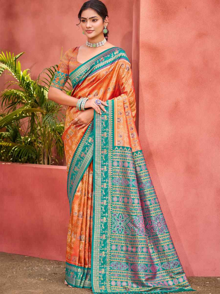 Image of Orange Kanjivaram Silk Printed Handwoven Festival Wedding Fancy Heavy Border Saree