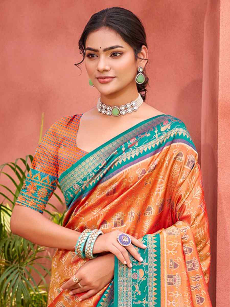 Orange Kanjivaram Silk Printed Handwoven Festival Wedding Fancy Heavy Border Saree