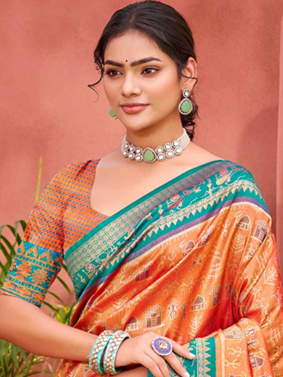 Orange Kanjivaram Silk Printed Handwoven Festival Wedding Fancy Heavy Border Saree