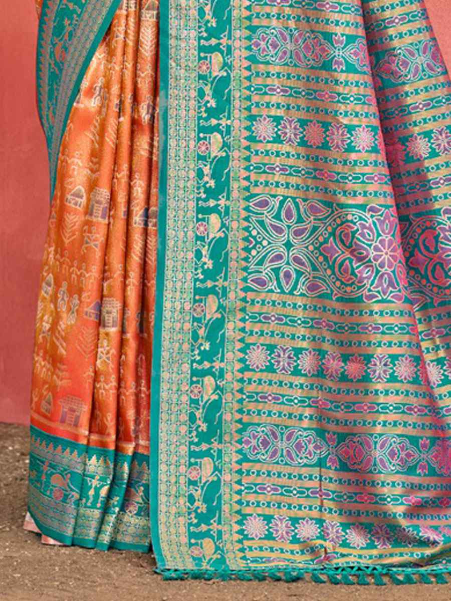 Orange Kanjivaram Silk Printed Handwoven Festival Wedding Fancy Heavy Border Saree