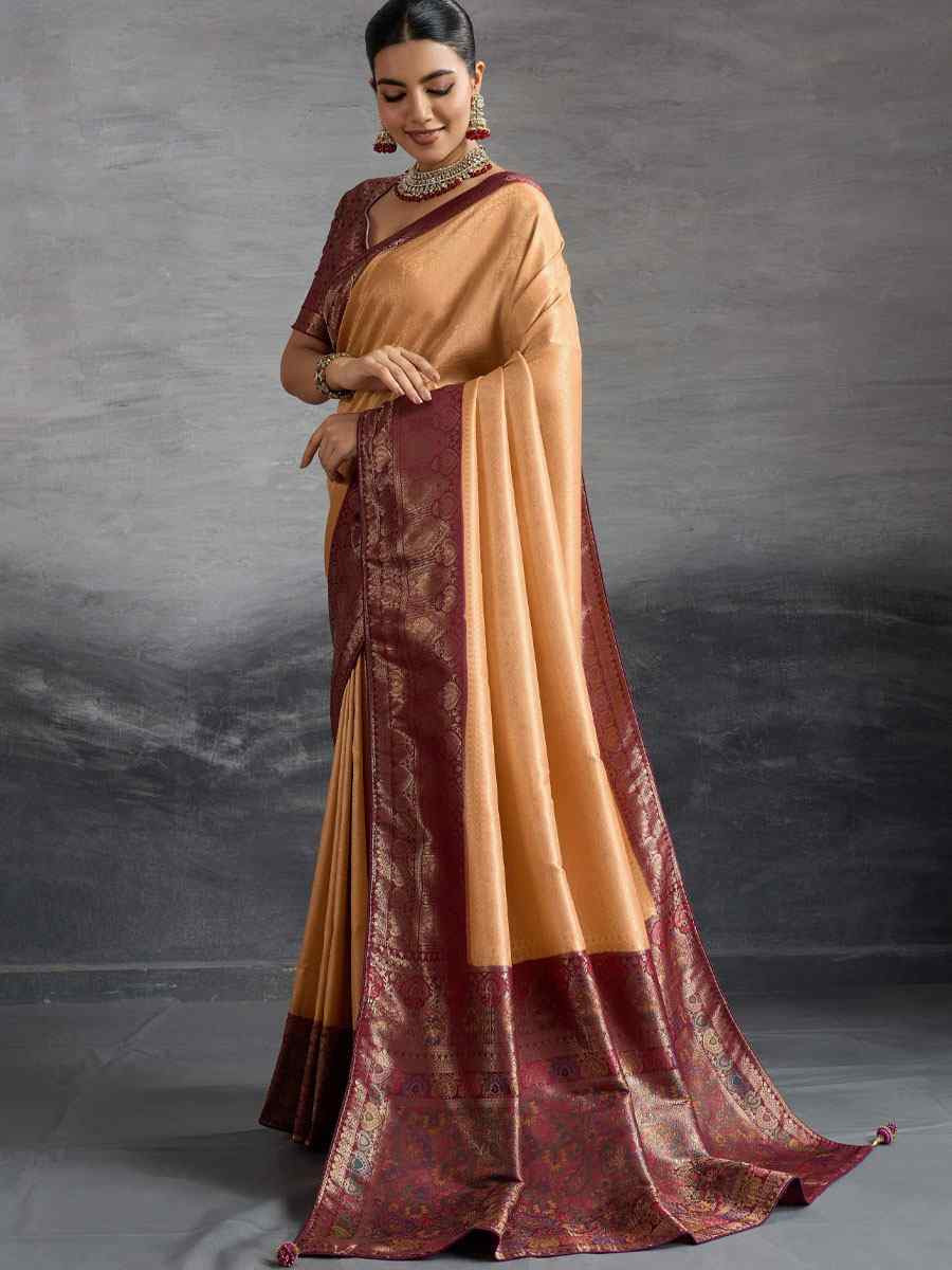 Orange Kanjivaram Soft Silk Handwoven Traditional Bridal Reception Festival Wedding Fancy Heavy Border Saree