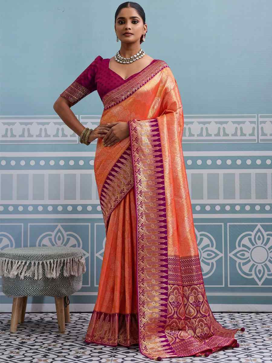 Orange Kanjivaram Soft Silk Kanjivaram Traditional Casual Reception Festival Wedding Fancy Heavy Border Saree