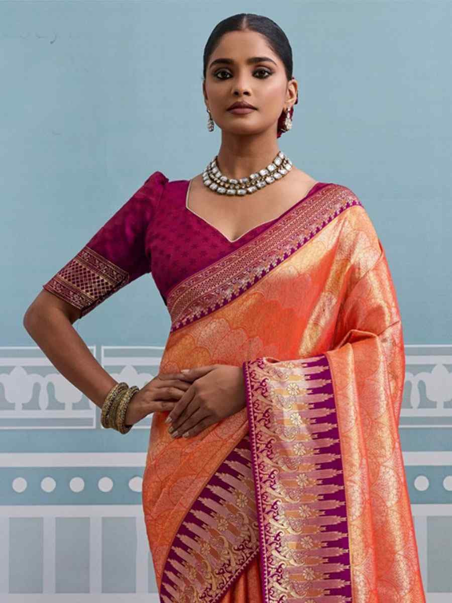 Orange Kanjivaram Soft Silk Kanjivaram Traditional Casual Reception Festival Wedding Fancy Heavy Border Saree