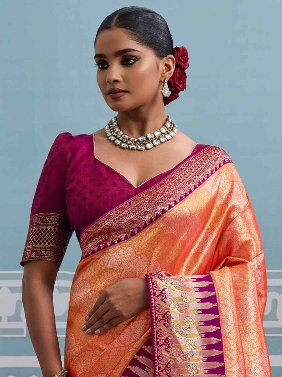 Orange Kanjivaram Soft Silk Kanjivaram Traditional Casual Reception Festival Wedding Fancy Heavy Border Saree