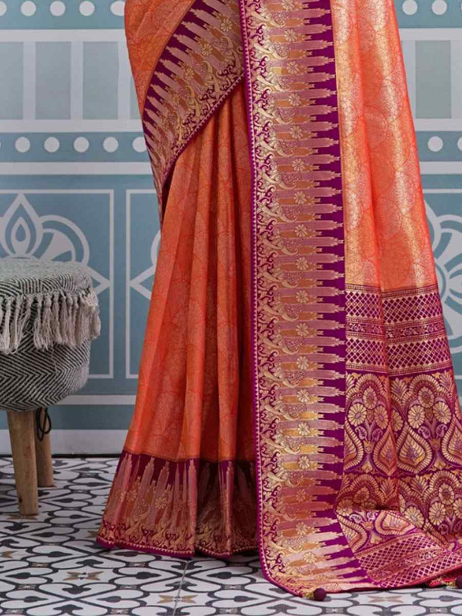 Orange Kanjivaram Soft Silk Kanjivaram Traditional Casual Reception Festival Wedding Fancy Heavy Border Saree