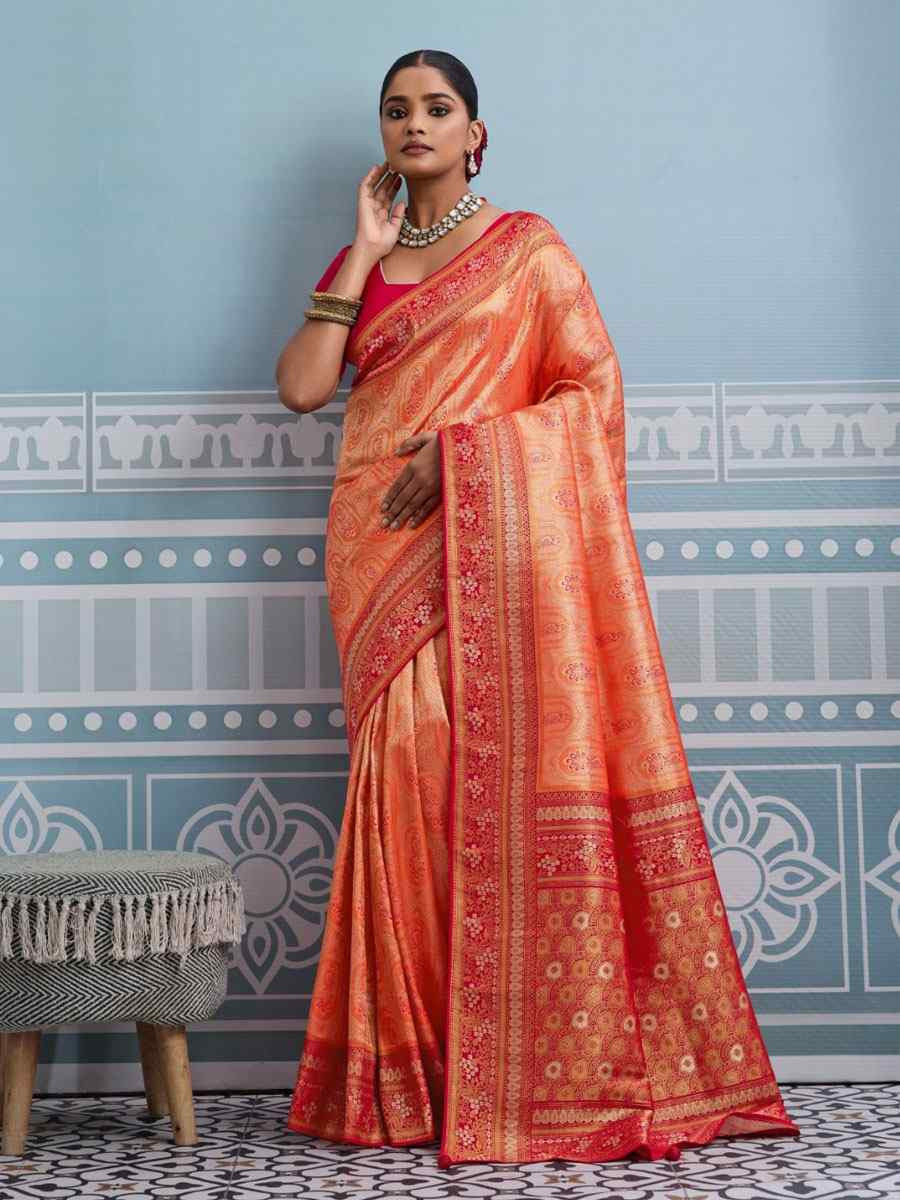 Orange Kanjivaram Soft Silk Kanjivaram Traditional Casual Reception Festival Wedding Fancy Heavy Border Saree