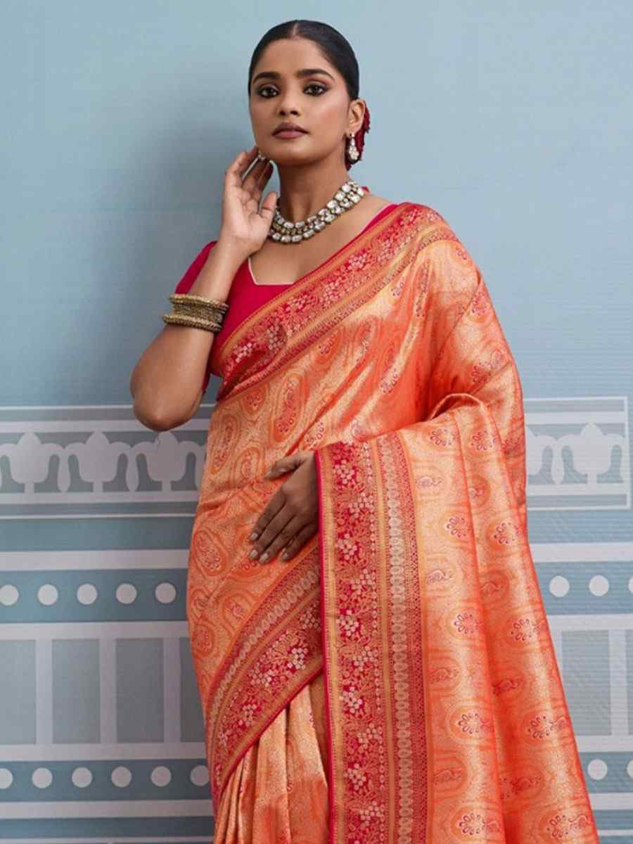 Orange Kanjivaram Soft Silk Kanjivaram Traditional Casual Reception Festival Wedding Fancy Heavy Border Saree