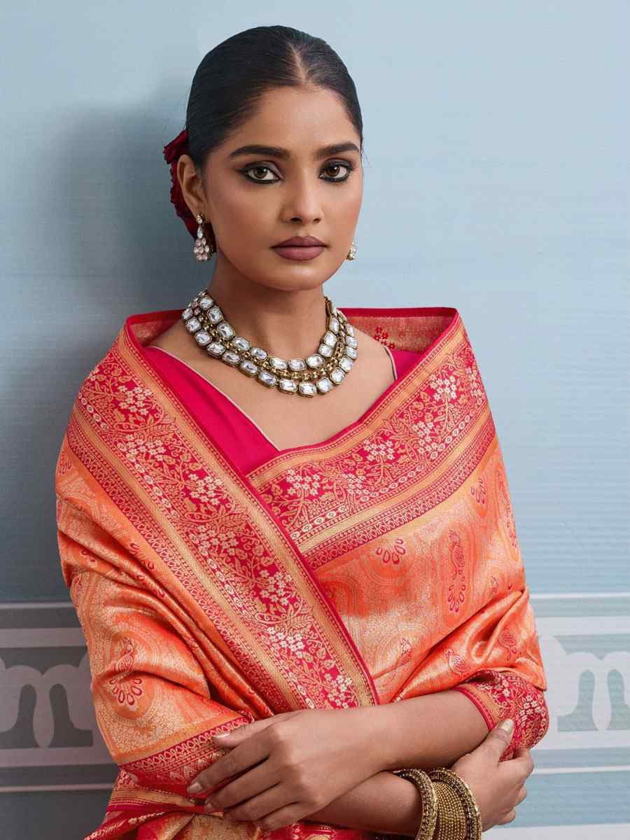 Orange Kanjivaram Soft Silk Kanjivaram Traditional Casual Reception Festival Wedding Fancy Heavy Border Saree
