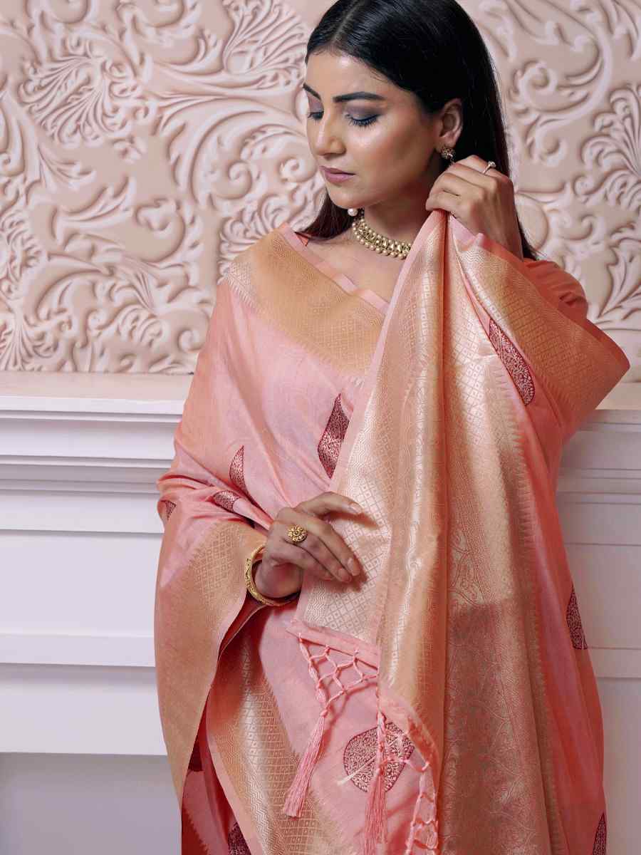 Orange Katan Silk Handwoven Wedding Festival Heavy Border Saree