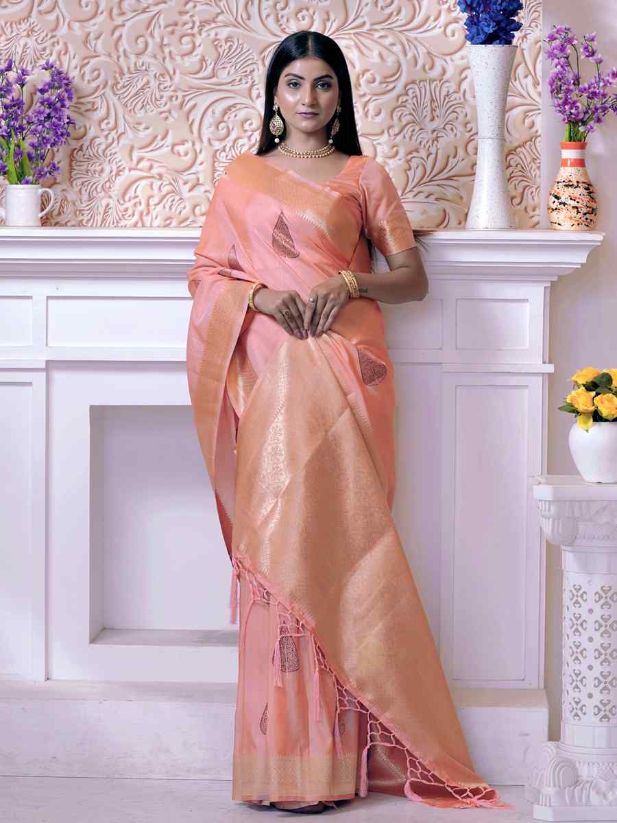 Orange Katan Silk Handwoven Wedding Festival Heavy Border Saree