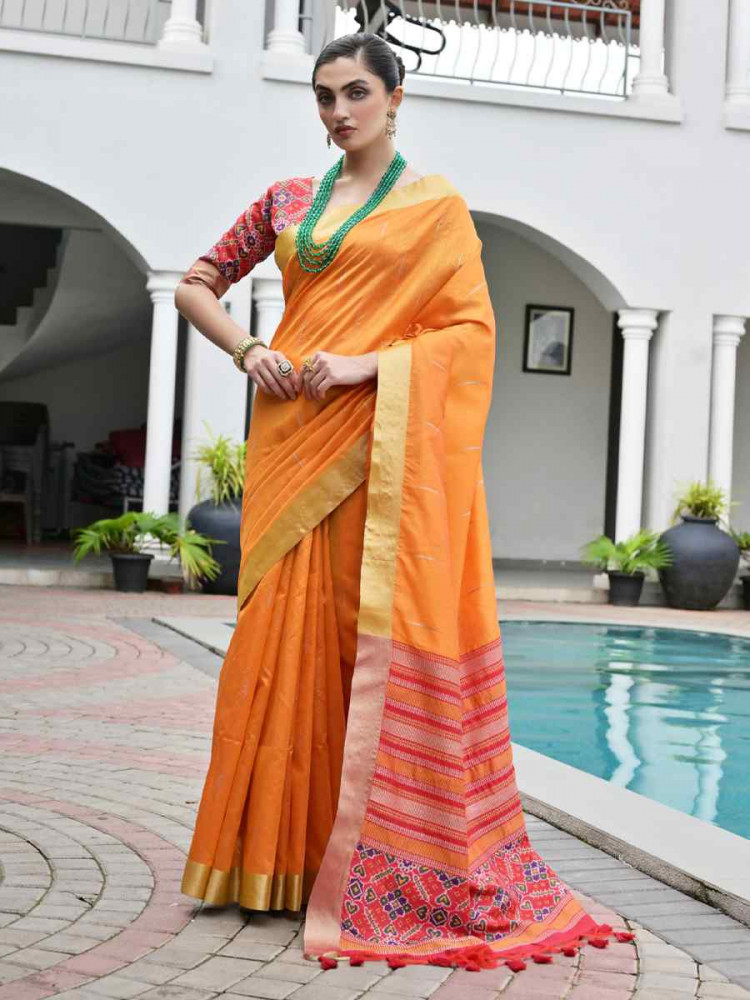 Image of Orange Khadi Raw Silk Handwoven Casual Reception Festival Wedding Fancy Classic Style Sarees
