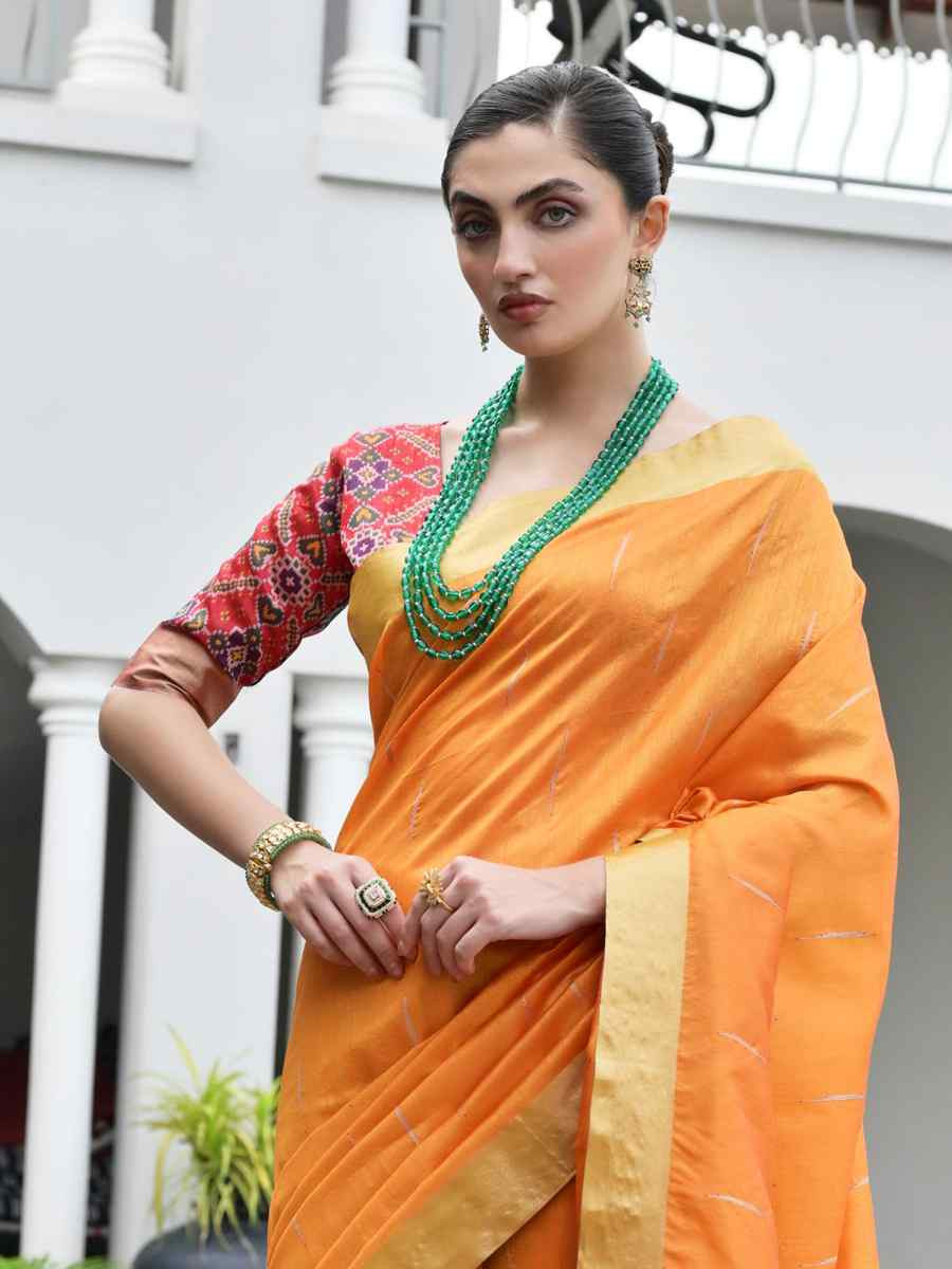 Orange Khadi Raw Silk Handwoven Casual Reception Festival Wedding Fancy Classic Style Sarees