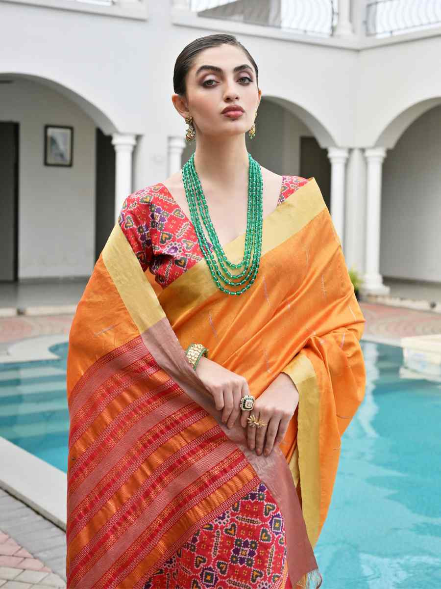 Orange Khadi Raw Silk Handwoven Casual Reception Festival Wedding Fancy Classic Style Sarees