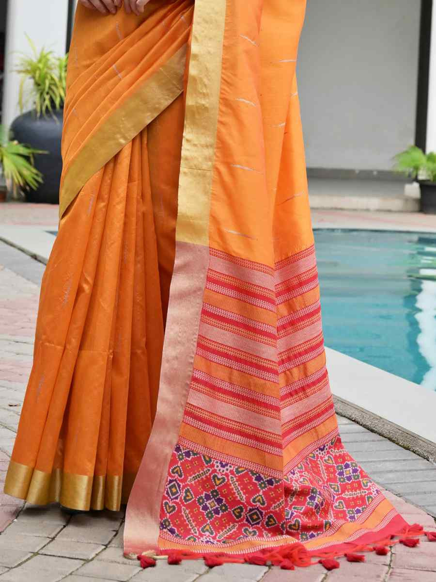 Orange Khadi Raw Silk Handwoven Casual Reception Festival Wedding Fancy Classic Style Sarees