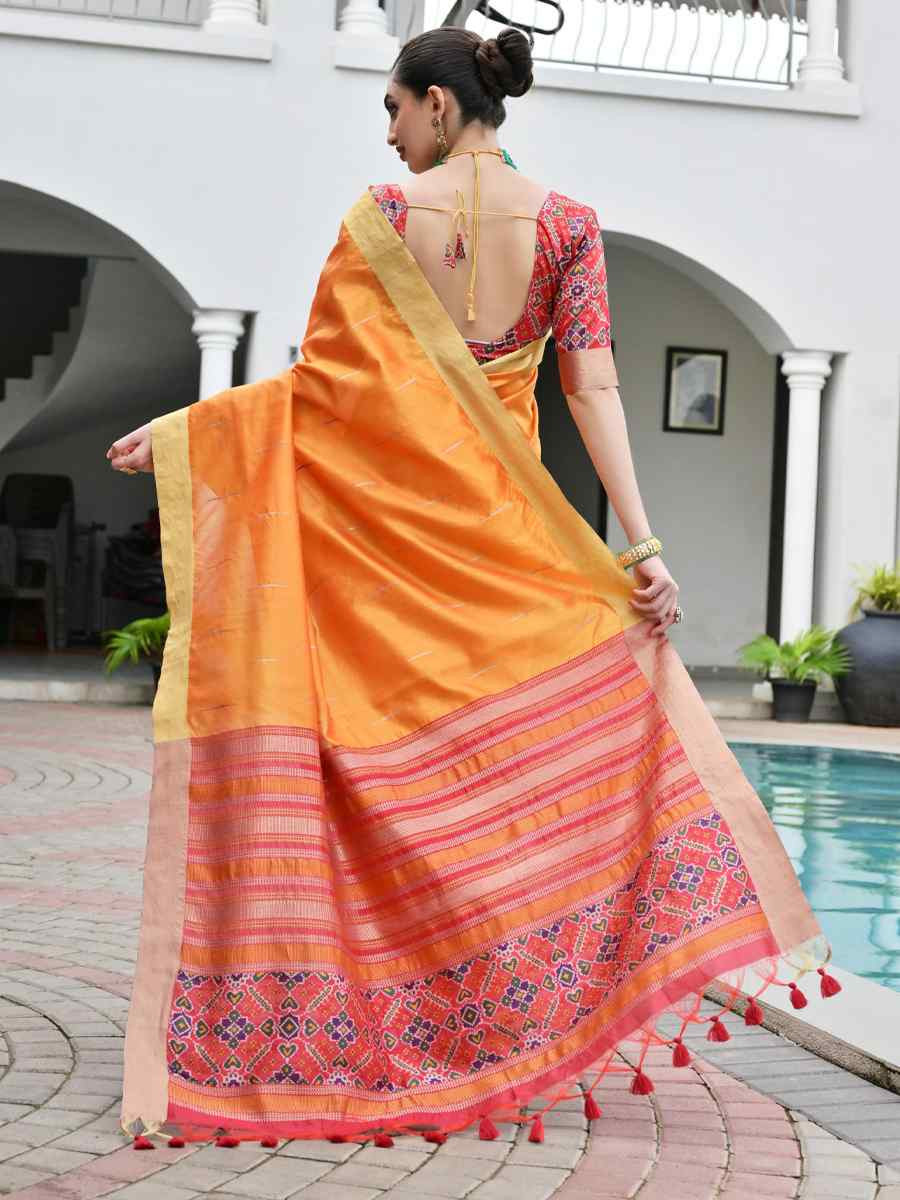 Orange Khadi Raw Silk Handwoven Casual Reception Festival Wedding Fancy Classic Style Sarees