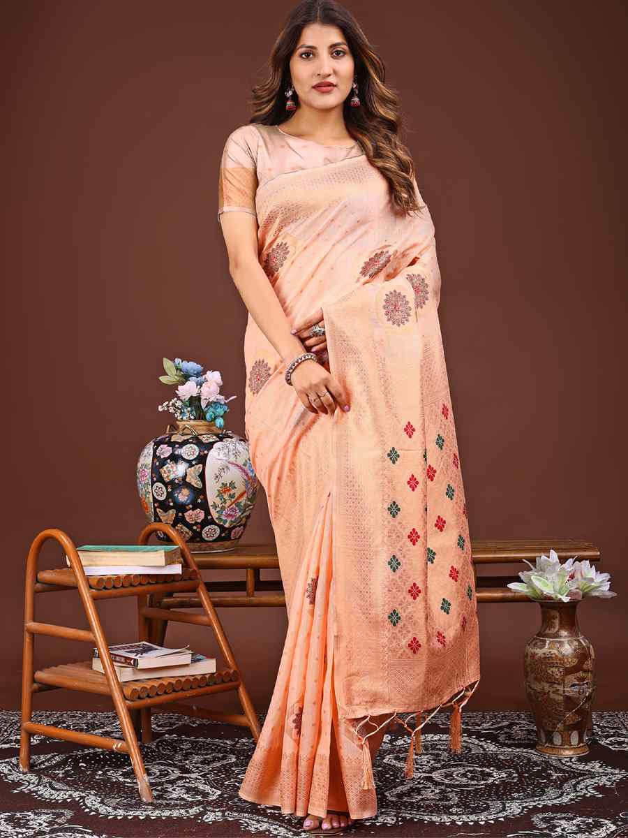 Orange Linen Cotton Handwoven Festival Wedding Fancy Heavy Border Saree