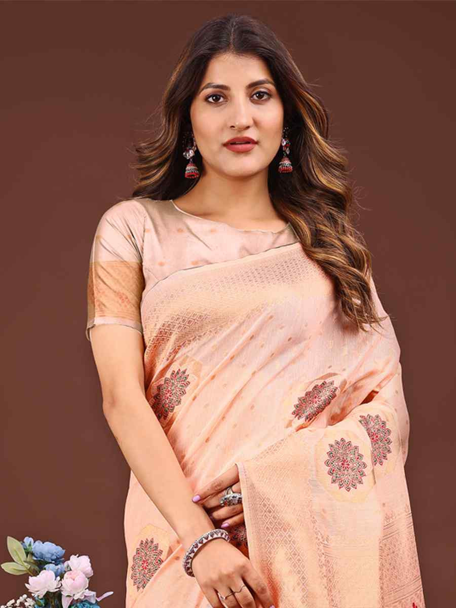 Orange Linen Cotton Handwoven Festival Wedding Fancy Heavy Border Saree