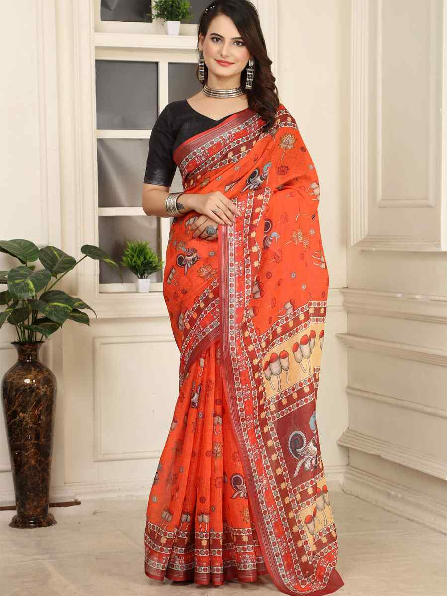Orange Linen Cotton Printed Casual Festival Wedding Fancy Classic Style Sarees