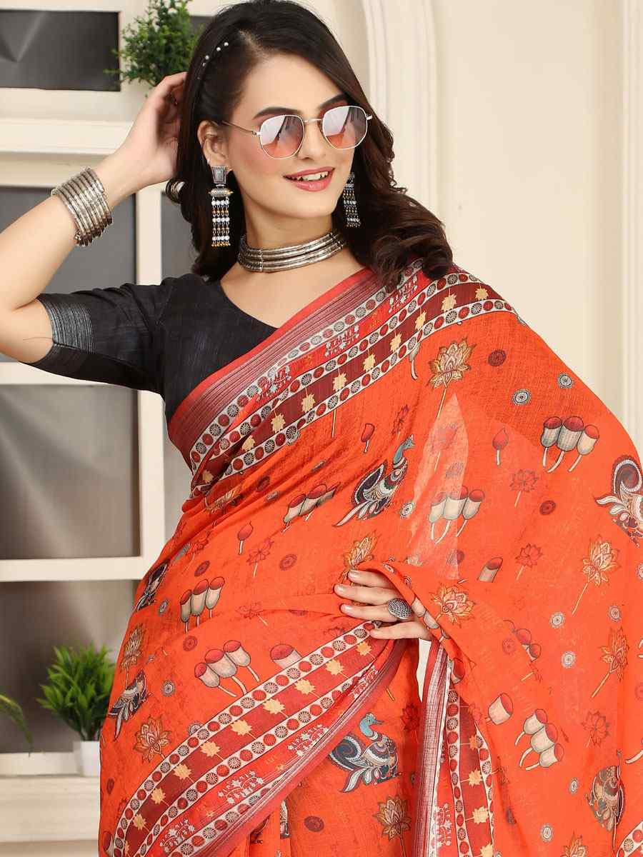 Orange Linen Cotton Printed Casual Festival Wedding Fancy Classic Style Sarees